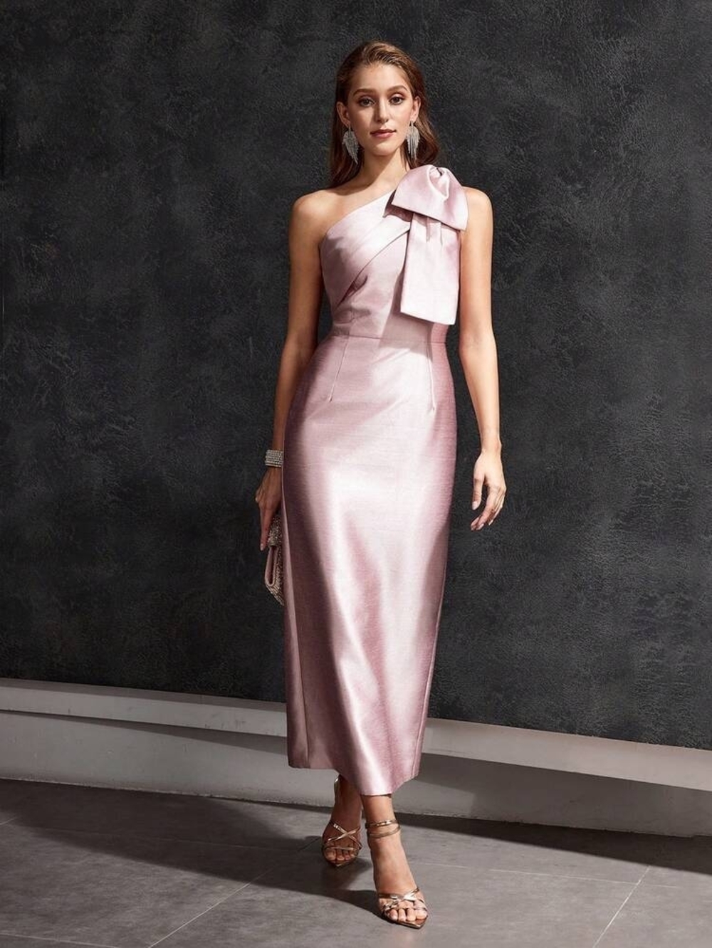 NWT MOTF Soireza Blush Pink One-Shoulder Satin Midi Prom Dress Size S